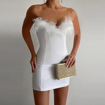  Летнее Сексуальное мини-платье без бретелек с открытой спиной, облегающее платье с перьями, тонкие вечерние клубные женские платья без рукавов, модное женское платье
