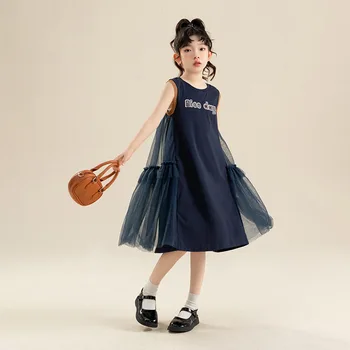  Платье для девочек от 12 до 14 лет, летнее модное повседневное черное сетчатое платье в стиле пэчворк