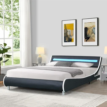  Каркас кровати-платформы, обитый искусственной кожей, со светодиодной подсветкой, изогнутый дизайн, опора из деревянных планок, пружинный блок не требуется