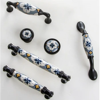  MFYS Керамические ручки для мебели Круглые ручки с синим рисунком Винтажная ручка для шкафа Дверные ручки для кухонного шкафа Фурнитура