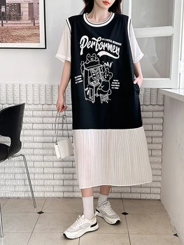 2023 Летнее Корейское модное Женское платье с шифоновым подолом в стиле пэчворк, Vestidos, с коротким рукавом, повседневные, свободные, большие размеры, длинные платья для женщин