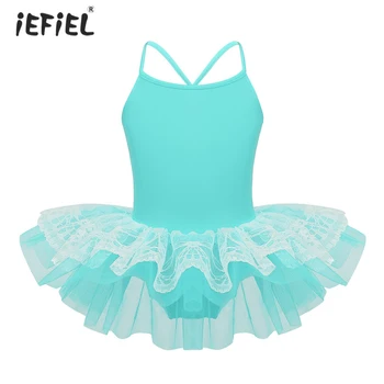  IEFiEL/ Детское балетное платье для балерины для девочек, Гимнастический купальник на бретельках, кружевное сетчатое платье-пачка, балетный танцевальный костюм