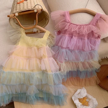  Одежда для девочек 2023 года, Новая детская одежда, Радужное многослойное сетчатое платье, Летние платья для танцев принцессы, праздничная детская одежда