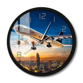  Самолет на закате, Настенные часы в металлическом каркасе, бесшумный реактивный самолет, пролетающий над горизонтом города, самолет, Современные часы для авиатора
