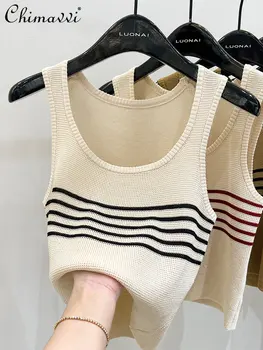  Европейские товары Трикотажный камзол Женская внутренняя одежда 2023 Лето, новая мода, полосатый жилет без рукавов, Короткая майка для женщин