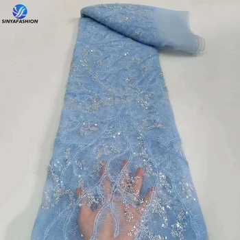  Синья Синяя Африканская кружевная ткань с пайетками и бисером 2023 Высококачественная Французская сетка Роскошные Свадебные Кружевные ткани в Нигерийском стиле с бисером для новобрачных