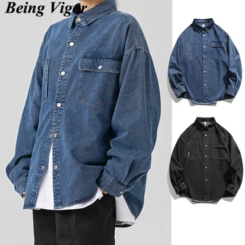 Being Vigor Весна Осень Однотонная мужская джинсовая рубашка Джинсовая синяя блузка Унисекс Джинсовая рубашка Куртка camisa masculina