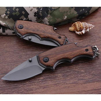  Походный нож с тактическим складным лезвием, карманный нож 440C, нержавеющая сталь + деревянная ручка, охотничий нож для выживания, уличные ножи