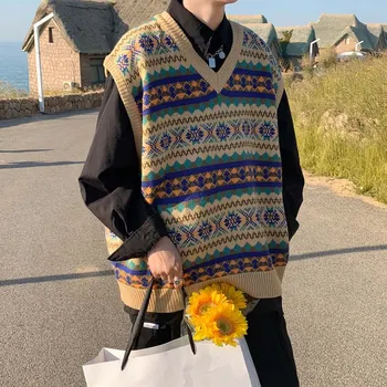  Жилет-свитер с шахматным принтом, осенне-зимний мужской свитер с V-образным вырезом в стиле Харадзюку, повседневный вязаный жилет оверсайз Y111