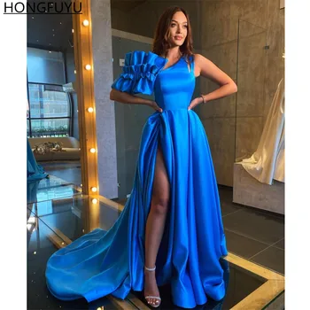  Вечерние платья HONGFUYU на заказ синего цвета с разрезом сбоку, длинное атласное платье трапециевидной формы vestidos de fiesta для выпускного вечера вечерние платья Вечернее платье