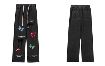  Мужские джинсы, прямые брюки с винтажной вышивкой и бантом, уличная одежда 2023, модные повседневные свободные мешковатые джинсовые брюки в стиле ретро
