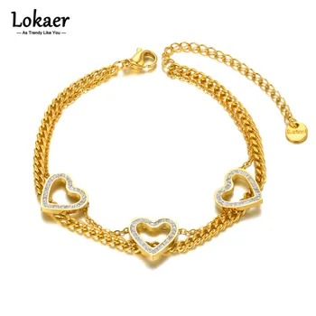  Lokaer Модные браслеты с подвесками в виде сердца из горного хрусталя для женщин и девочек, браслет-цепочка из нержавеющей стали, ювелирные изделия, браслеты mujer B22092
