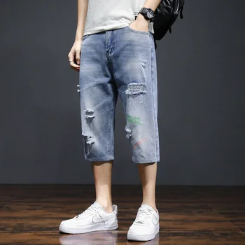  Новые мужские хлопковые летние рваные джинсовые брюки, повседневные шорты, мужские джинсы до икр с дырками, молодежная уличная одежда, прямые брюки в стиле ретро