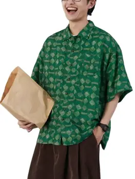  Мужская Летняя Рубашка С Коротким Рукавом, Классический Топ С Цветочным Рисунком, Японская Повседневная Рубашка Для Отдыха, Пляжная Трава Зеленого Цвета