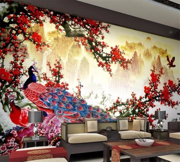  beibehang Большие обои на заказ, настенные фрески, пейзаж, китайская живопись, слива, павлин, обои для китайского телевизора
