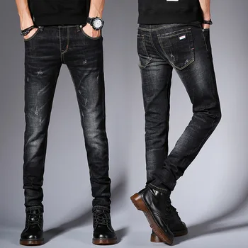 Горячая распродажа, Модные уличные рваные обтягивающие джинсы-стрейч, мужские винтажные джинсовые брюки, Мужские повседневные облегающие джинсовые брюки-карандаш