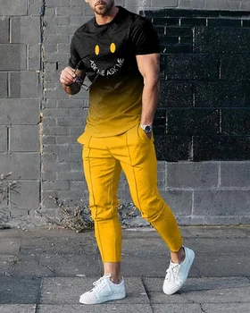 Новое поступление, Мужские брюки, спортивный костюм, комплект из 2 предметов, Летняя футболка с 3D принтом и забавным смайликом с коротким рукавом + длинные брюки, уличная одежда