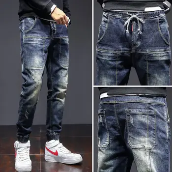  Джинсы оверсайз, мужские джинсы с эластичной резинкой на талии, уличная одежда, синие брюки, мужские свободные повседневные комбинезоны, джинсы, брюки