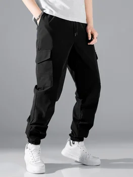  Новые мужские брюки-карго, весна-лето, карман с клапаном, Боковые брюки с завязками на талии, модная повседневная уличная одежда, Черные мужские спортивные брюки