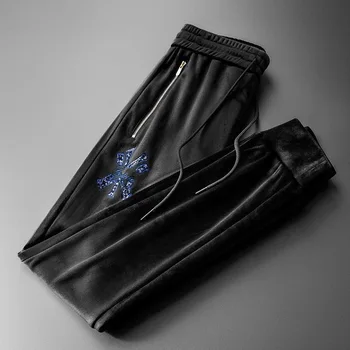  Повседневные мужские брюки с вышивкой European station trend, утолщенные леггинсы из золотистого бархата, мужские спортивные брюки на осень и зиму