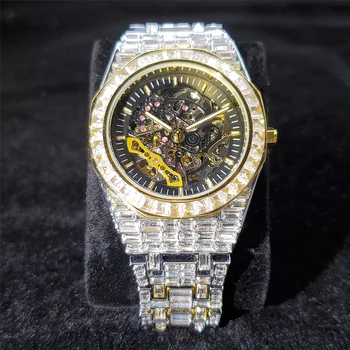  Хип-хоп, Новый Топовый бренд, роскошные мужские часы, полностью покрытые льдом, Модные Автоматические механические золотые наручные часы из багета и муассанита