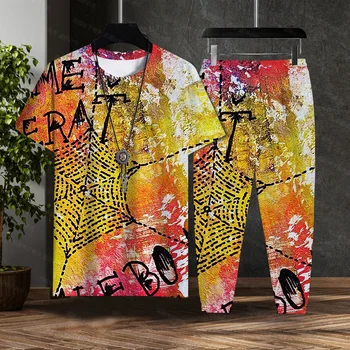  Мужская спортивная футболка 2023 и брюки с буквенным сочетанием цветов, повседневный модный летний свободный комплект с короткими рукавами для фитнеса