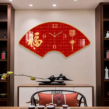  Веерообразные настенные часы, креативная роспись по хрустальному Фарфору, Бесшумные часы в китайском стиле Без перфорации, Подвесные часы