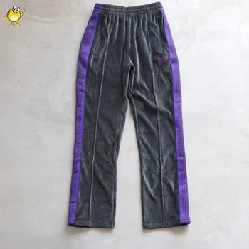  Вельветовые брюки с серыми иглами высшего качества, фиолетовая тесьма, вышивка бабочкой в полоску, 1: 1, мужские и женские повседневные модные спортивные брюки