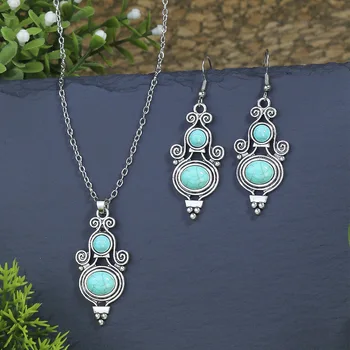  Этническое ожерелье с подвеской и серьгами из голубого камня, Женские Винтажные комплекты ювелирных изделий с геометрическим рисунком серебристого цвета, Богемные индийские украшения
