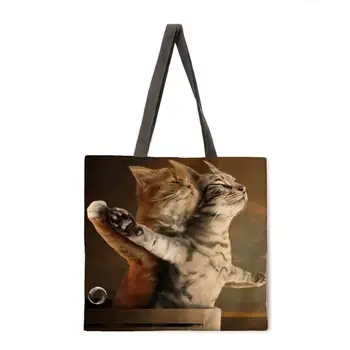  Многоразовая Хозяйственная сумка с принтом Cat Story Женская модная уличная Повседневная Пляжная сумка через плечо из льняной ткани Складная Сумка-тоут