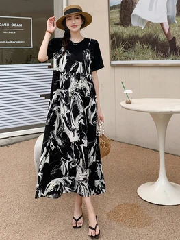  2023 Летнее Корейское пляжное женское платье Vestidos Robe Elbise Свободного размера с коротким рукавом и принтом в стиле Пэчворк Макси Длинные платья