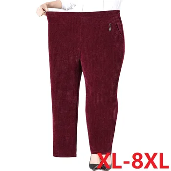  Осенние вельветовые брюки, женские винтажные эластичные прямые брюки с высокой талией, женская повседневная уличная одежда, зимние бархатные женские брюки 8XL