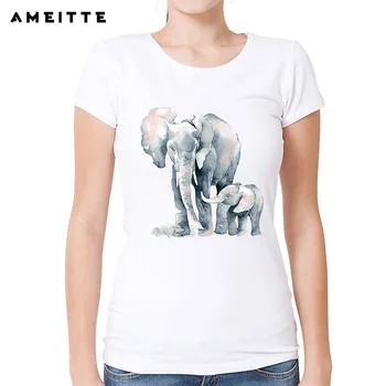  Футболка с акварельным рисунком AMEITTE с африканским слоном, женская футболка с принтом милых слонов, высококачественные женские футболки с коротким рукавом