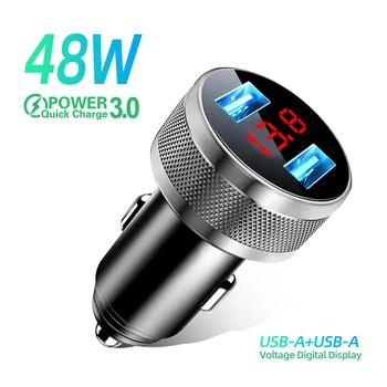  Металлическое автомобильное зарядное устройство мощностью 48 Вт, двойной цифровой светодиодный дисплей QC 3.0, двойной USB для мобильного телефона, быстрое зарядное устройство для iPhone Samsung Xiaomi Huawei