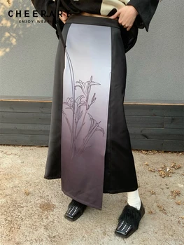  CHEERART Винтажная Градиентная Длинная юбка с цветочным рисунком для женщин в стиле пэчворк, Черная юбка Миди трапециевидной формы с высокой талией, дизайнерская Нижняя Одежда
