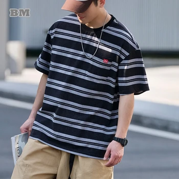  Летняя Американская винтажная футболка в полоску, Мужская одежда, Корейская уличная одежда, Свободная футболка с коротким рукавом, Повседневные топы в стиле Харадзюку, Модные мужские