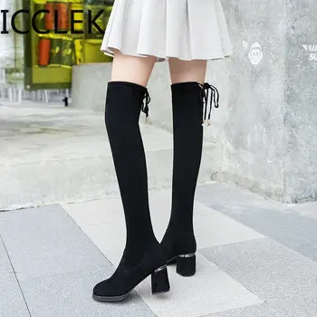  Осенне-зимние ботфорты выше колена, Женская обувь на шнуровке, женская обувь из эластичной ткани, пикантная обувь до бедра, круглый носок, квадратный каблук, флоковая платформа