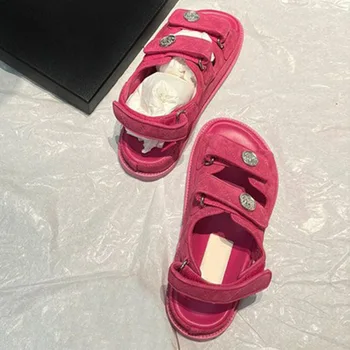 Женская обувь на ремешках с крючком и петлей Розового цвета, Женские туфли с открытым носком, Лидер Продаж, Летние Модные туфли-лодочки на плоской подошве, Zapatillas Mujer