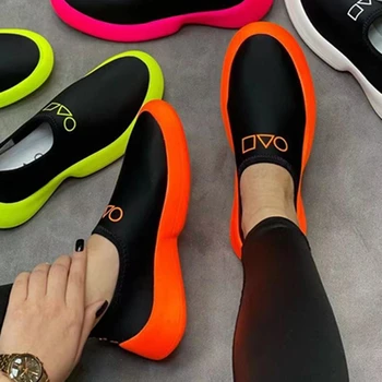  Женская спортивная обувь, повседневные кроссовки на платформе, Оранжевые кроссовки-слипоны с круглым носком, теннисные женские летние кроссовки
