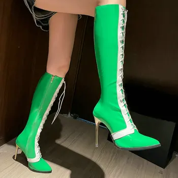  2022 Женские сапоги до колена из лакированной искусственной кожи с острым носком, женские сапоги на тонком высоком каблуке, платье с перекрестной шнуровкой, Женские ботинки большого размера 43