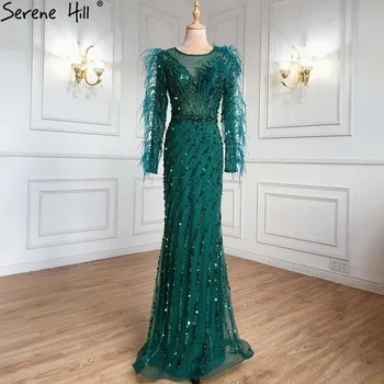  Мусульманские вечерние платья из бисера с зелеными перьями, платья 2023 Serene Hill Mermaid Luxury Elegant Для женской вечеринки BLA71406