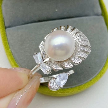  MeiBaPJ 11-12 мм Натуральное кольцо с большим пресноводным жемчугом и пером из настоящего серебра 925 пробы Изысканные Свадебные украшения для женщин