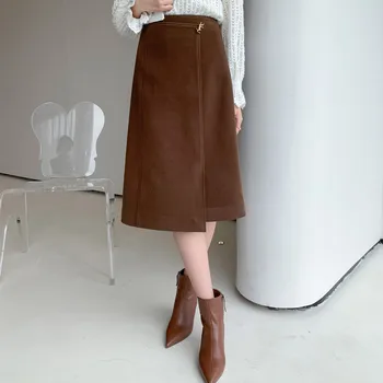 Весенняя модная женская юбка трапециевидной формы коричневого цвета с высокой талией и пуговицами, элегантные офисные женские длинные юбки для 18-25 лет