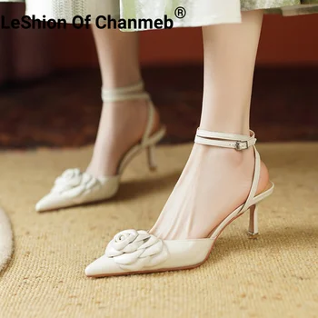  Женские босоножки из натуральной кожи Leshion Of Chanmeb, бренд класса люкс, сандалии на тонком высоком каблуке с цветочным узором, женские свадебные туфли с пряжкой на лодыжке