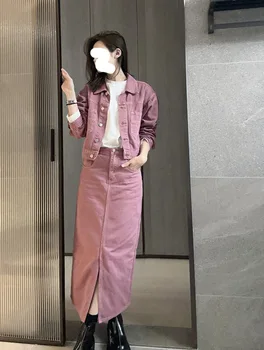  Маленький джинсовый комплект весна 2023, романтический, уменьшающий возраст, розовый джинсовый короткий жакет, пальто, прямая юбка
