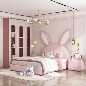  Детская кровать из натуральной кожи и дерева для девочек, розовая девочка, милая мультяшная кровать принцессы, односпальная кровать 1,5 м