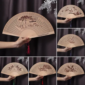  Ручной веер в винтажном китайском стиле, резьба по дереву, печать, Складные Веера, реквизит для танцевальных представлений, деревянный Полый веер для рукоделия, домашний декор