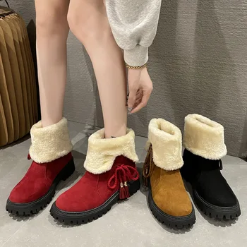  Женские ботинки на платформе, зимняя плюшевая теплая обувь, женские ботинки Mid Jane, красный воротник с лацканами, удобные нескользящие модные женские зимние ботинки