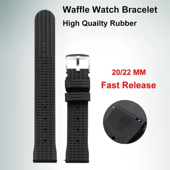  20 мм / 22 мм Резиновый Водонепроницаемый браслет для часов с вафлями, Черные спортивные наручные часы для дайвинга, Замена мягкого силиконового ремешка для часов