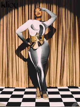  Макси-платья Kliou с панелями и принтом 2022, хипстерский воротник-стойка, длинный рукав с отверстием для пальца, Облегающий Элегантный халат, одежда
